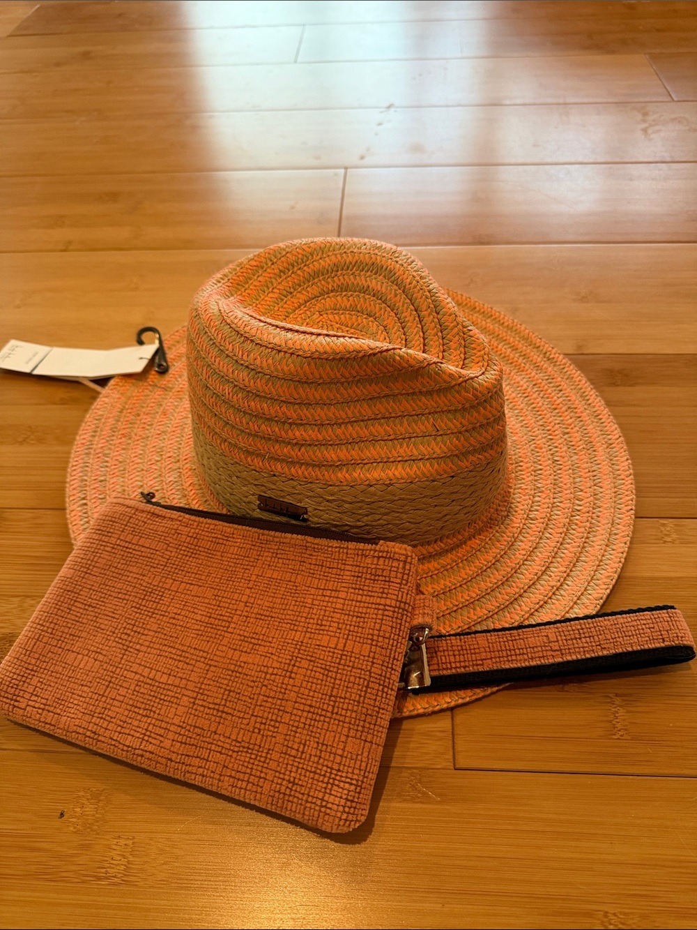Coral Straw Fedora Hat with Matching home sewn Wristlet